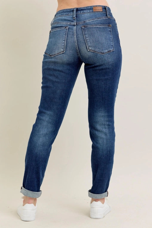 Judy Blue Mid Rise Core Cuffed Slim Fit Jeans- Dark Wash