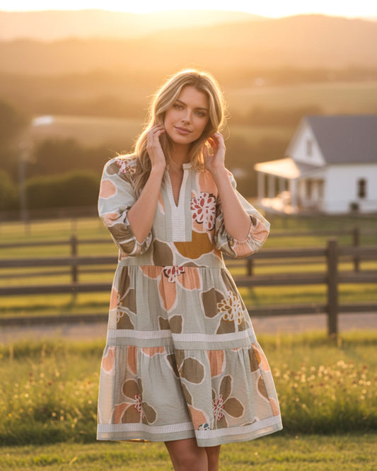 Golden Fields Abstract Floral Tiered Dress