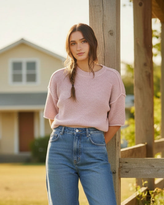 Rosewood Raw-Edge Knit Short Sleeve Top