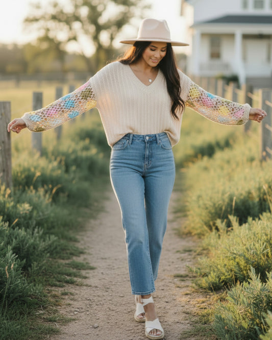 Colorful Countryside Crochet Sleeve Sweater